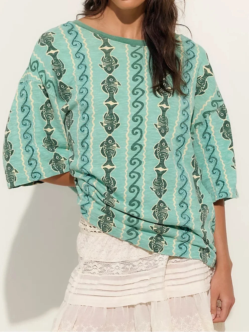 Free People We The Free By The Sea Tee T-Shirt Splash Blue Combo NWT